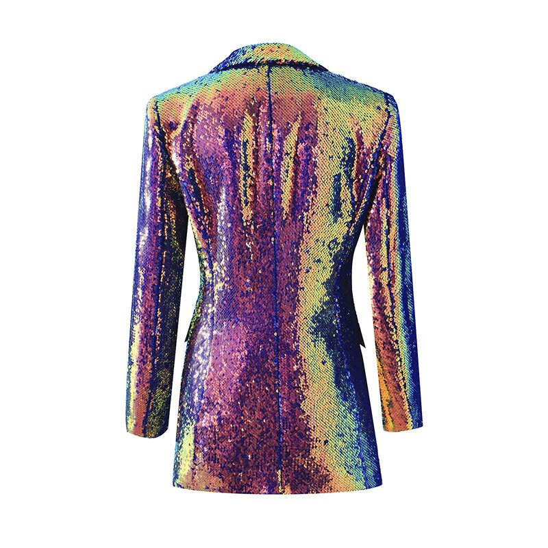 Women's Luxury One Button Suit Jacket, Rainbow Multi-Color / Black Sequinned Mid-length Blazer Coat for wedding party office event