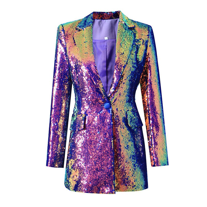 Women's Luxury One Button Suit Jacket, Rainbow Multi-Color / Black Sequinned Mid-length Blazer Coat for wedding party office event