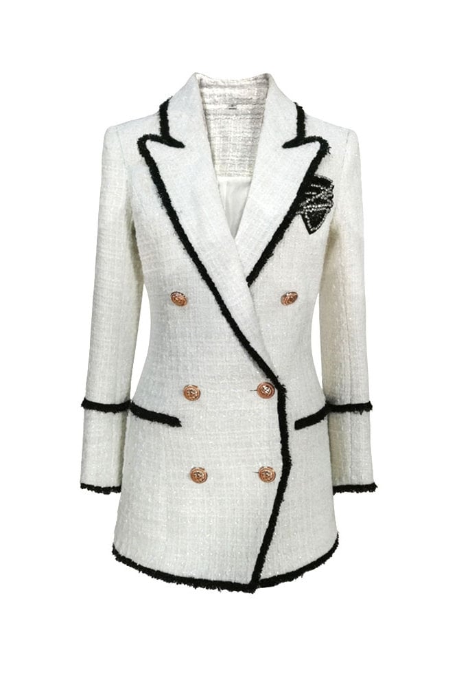 Women Luxury Suit Jacket, Golden Lion Buttons Sparkle Thread Black Fringe Tweed Jacket Blazer White for wedding, party, prom, office or gift