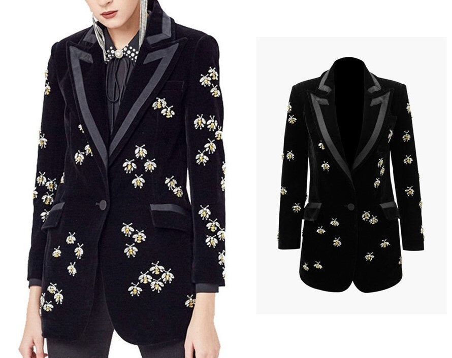 Luxury Women Velvet Suit Jacket, jewellery Bees Embroidery Blazer Coat for wedding, party, prom, office or gift