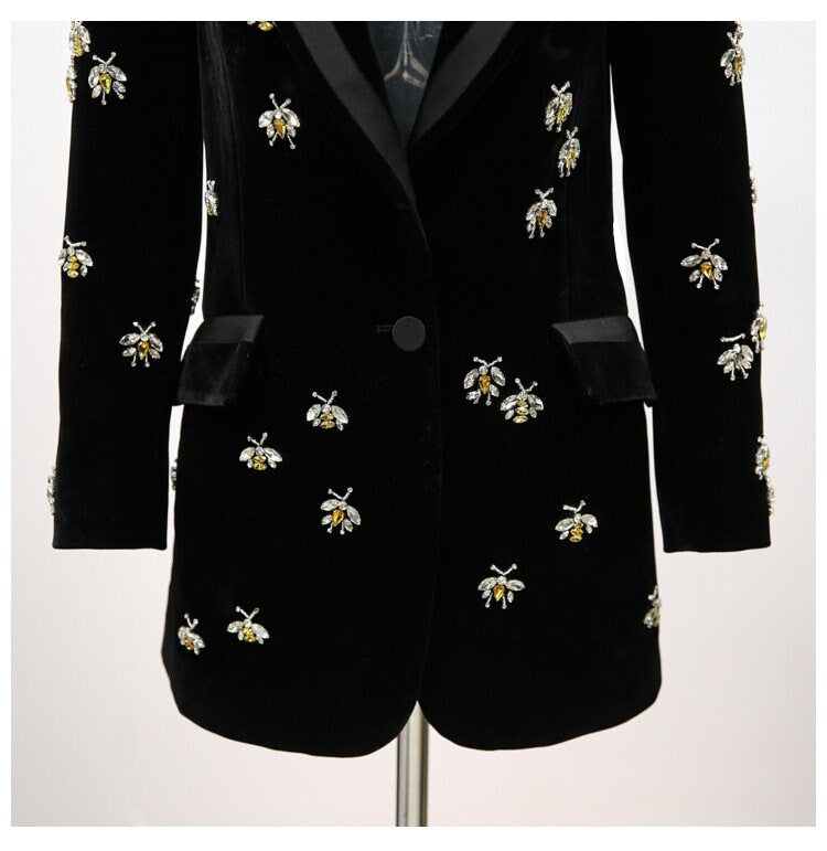 Luxury Women Velvet Suit Jacket, jewellery Bees Embroidery Blazer Coat for wedding, party, prom, office or gift