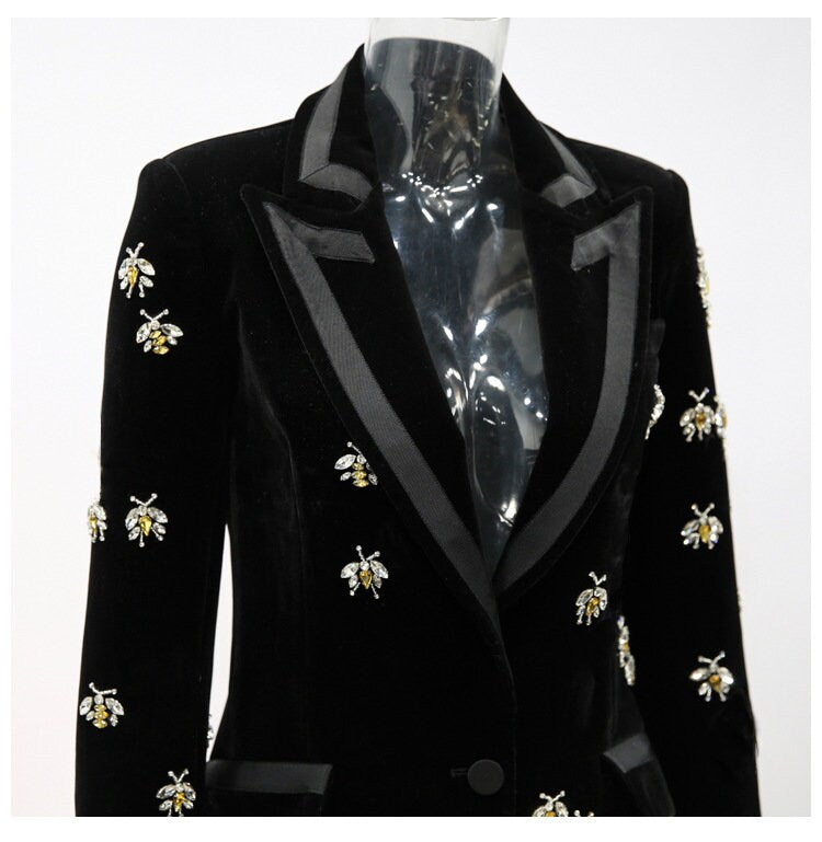 Luxury Women Velvet Suit Jacket, jewellery Bees Embroidery Blazer Coat for wedding, party, prom, office or gift