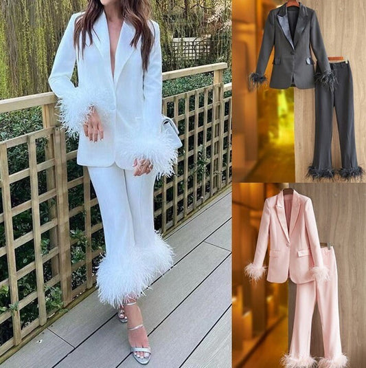 Women Funky Pantsuit, Faux Feather Trim One Button Blazer + Mid Waist Cropped Trousers Suit Pantsuit Pink / White / Black for wedding, party