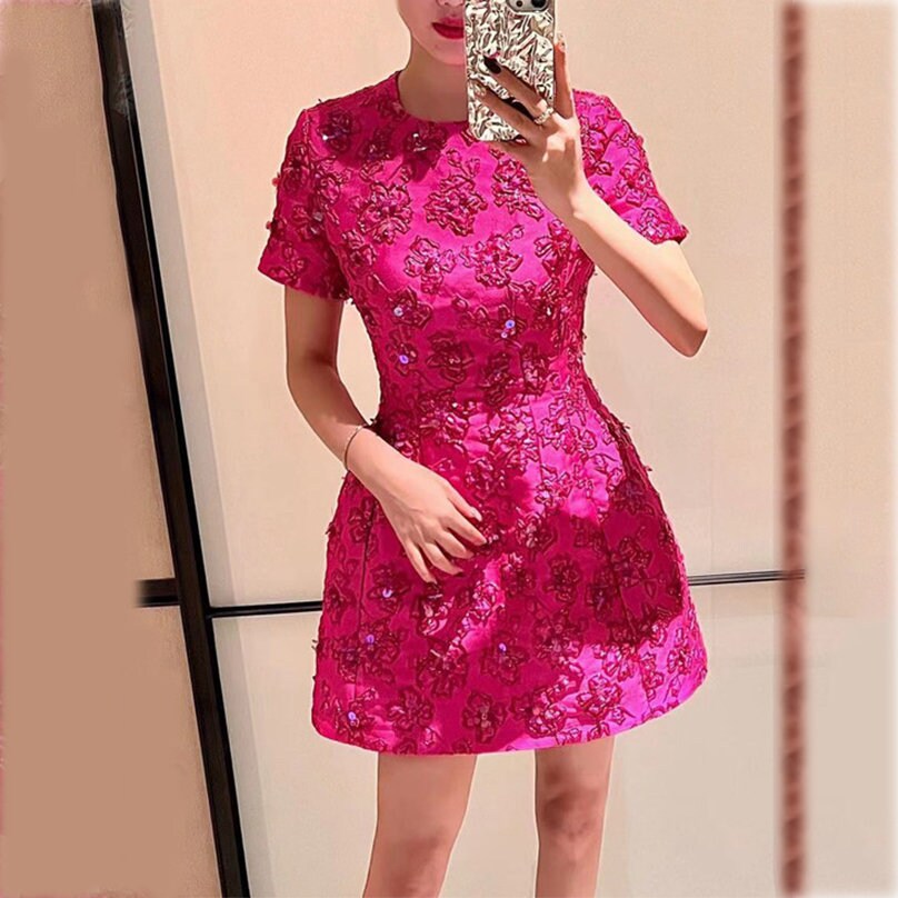 Women Luxury Hand Made 3D Flowers Embroidery Blazer / Short Mini Dress Hot Pink for prom party wedding gift