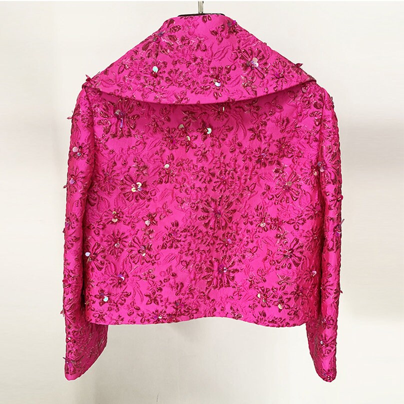 Women Luxury Hand Made 3D Flowers Embroidery Blazer / Short Mini Dress Hot Pink for prom party wedding gift