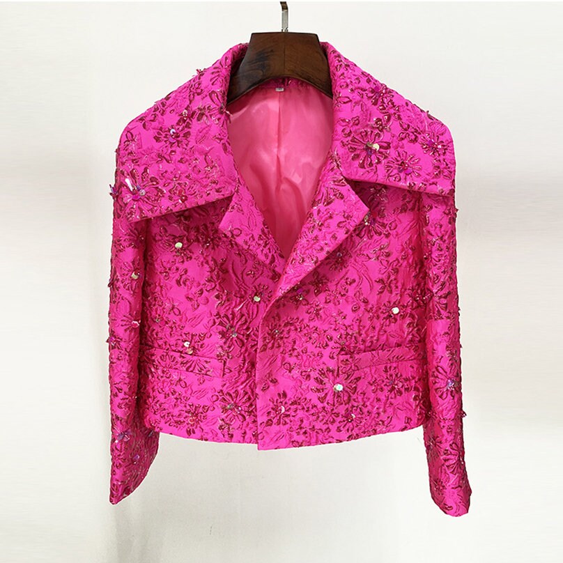 Women Luxury Hand Made 3D Flowers Embroidery Blazer / Short Mini Dress Hot Pink for prom party wedding gift