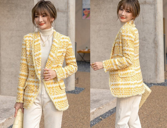 Luxury style suit jacket, designer women blazer houndstooth pattern high end woolen top for elegant smart casual formal office wedding prom