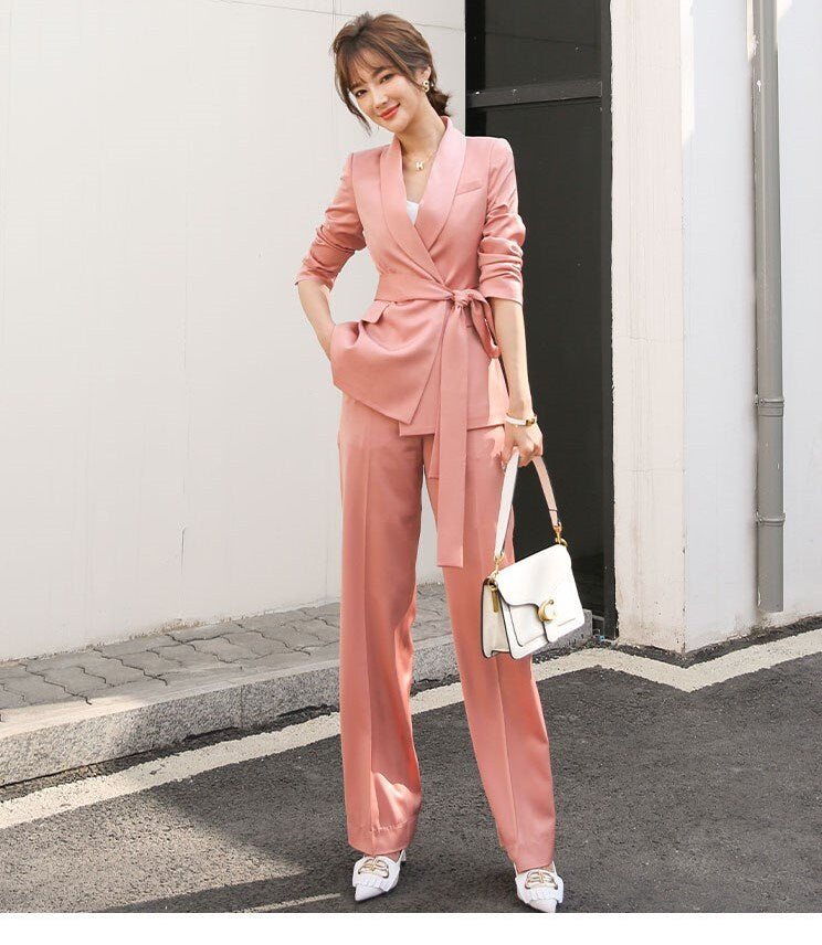 Luxury acetate women pantsuit, designer draped feel suit set blazer + pants smart casual formal office wedding prom