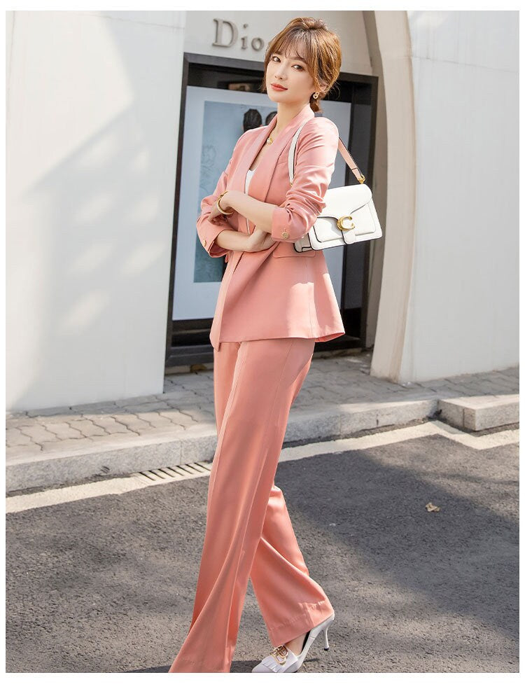 Luxury acetate women pantsuit, designer draped feel suit set blazer + pants smart casual formal office wedding prom