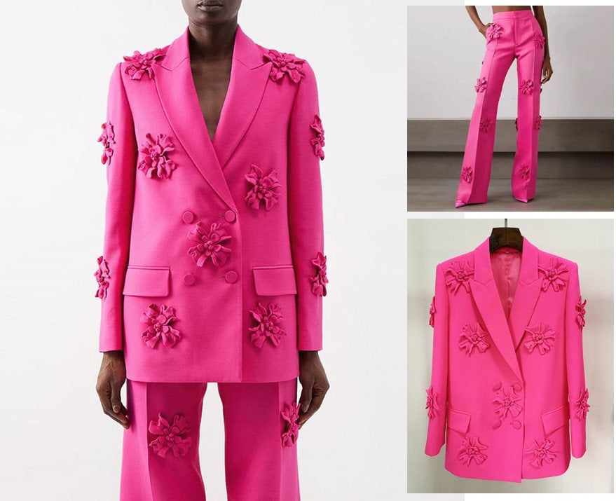 Women Luxury Pantsuit, Hand Made 3D Flowers Decoration Loose Fit Blazer + Mid-High Rise Flare Trousers Suit Hot Pink/ White, Prom, Wedding