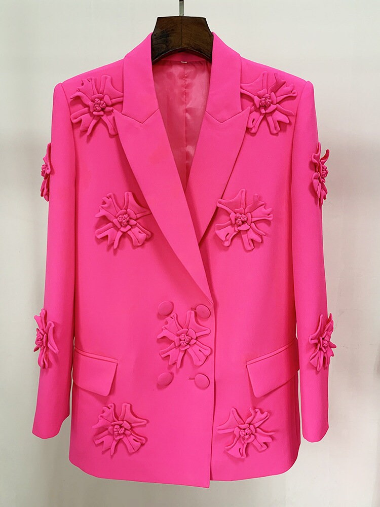 Women Luxury Pantsuit, Hand Made 3D Flowers Decoration Loose Fit Blazer + Mid-High Rise Flare Trousers Suit Hot Pink/ White, Prom, Wedding