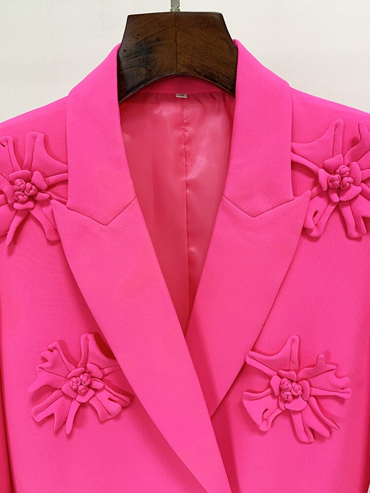 Women Luxury Pantsuit, Hand Made 3D Flowers Decoration Loose Fit Blazer + Mid-High Rise Flare Trousers Suit Hot Pink/ White, Prom, Wedding