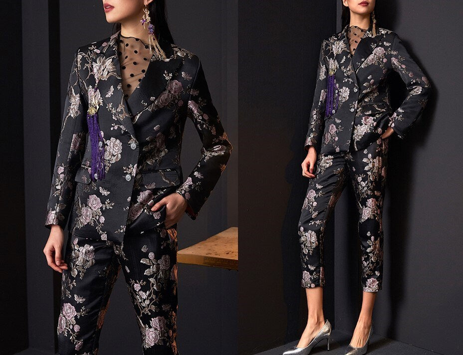 Dark Embroidery Retro Pantsuit, Women Slim Cut Blazer + Cropped Pants Suit set, Original Designs all seasons, Formal Prom Wedding