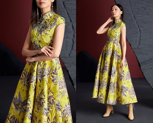 Original Oriental Floral Pattern Maxi Dress, Designer women cheongsam fashionable long dress formal party wedding prom