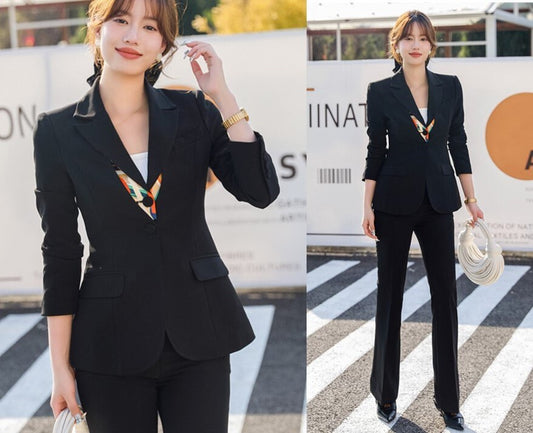 Designer Women's High-End Suit Set Colorful Decorated Collar, Professional Pantsuit Niche Design Formal Smart Casual Office Wedding Prom