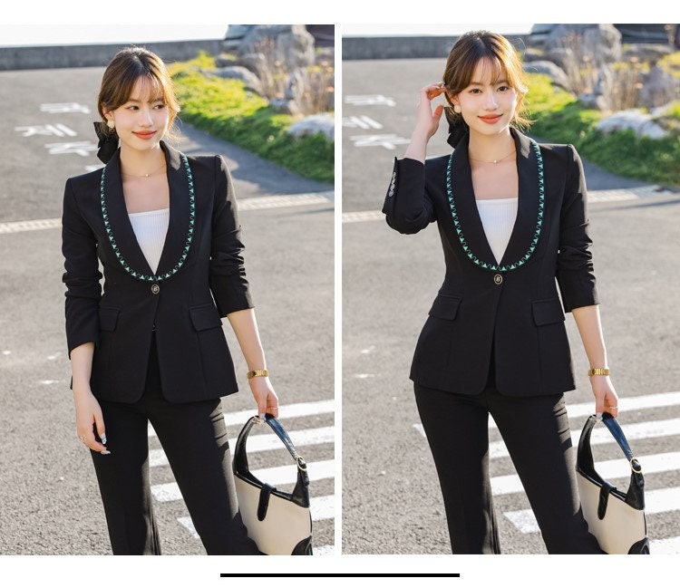 Women slim cut suit set embroidery decorated collar, designer professional pantsuit niche design, formal smart casual office wedding prom