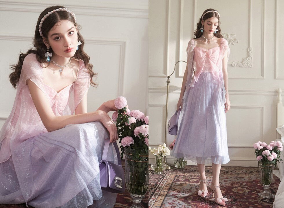 Gradient Color women Long Dress French Temperament Slim Fairy Boho Style Princess Pink Dress for Women casual party wedding prom