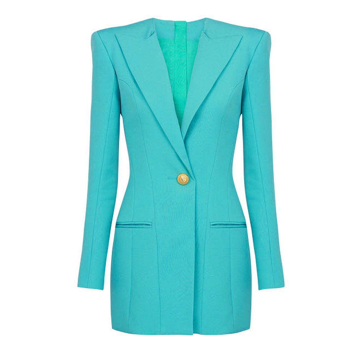 Women aqua blue long blazer, designer luxury one button slim cut suit jacket fashion formal smart casual wedding party cocktail prom office