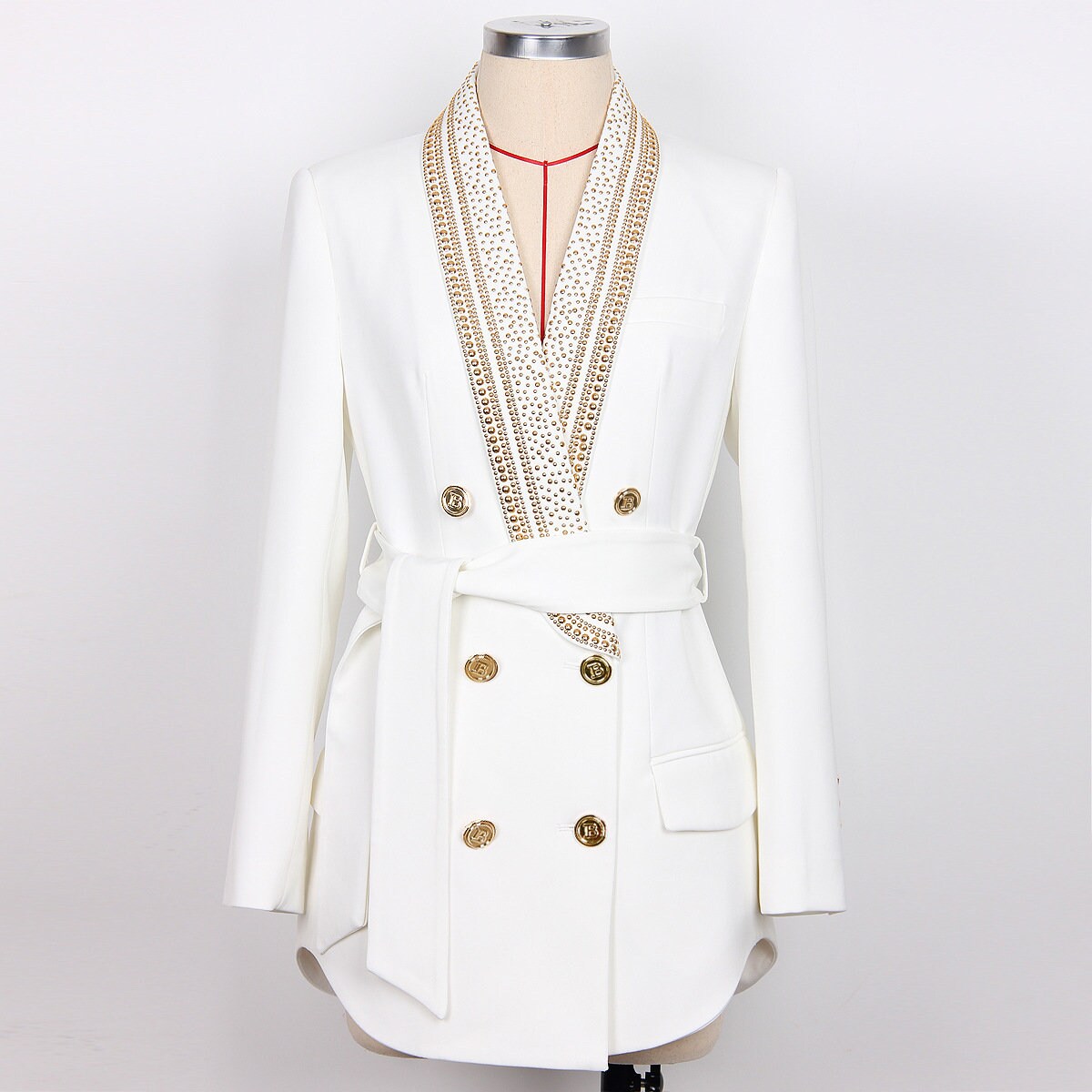 Women bead decorated long blazer, designer luxury slim cut suit jacket fashion formal smart casual wedding party cocktail prom office