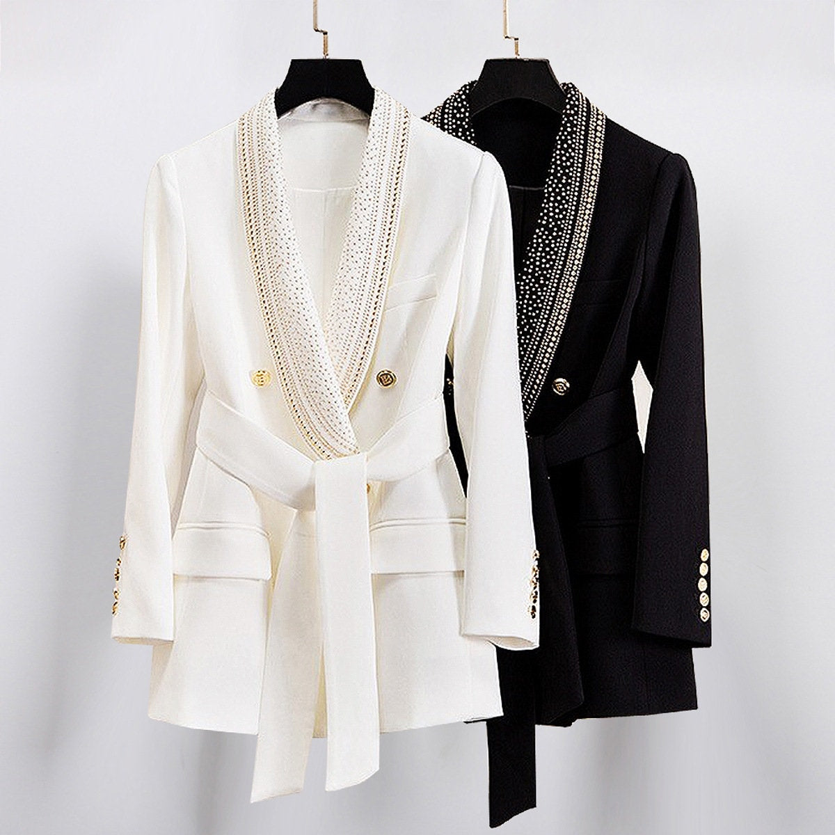 Women bead decorated long blazer, designer luxury slim cut suit jacket fashion formal smart casual wedding party cocktail prom office