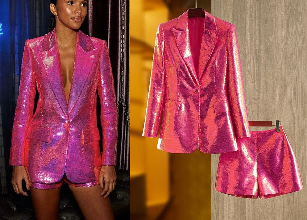 Bling pink sequin blazer +shorts suit set, designer women slim cut blazer + pants formal smart casual wedding cocktail prom