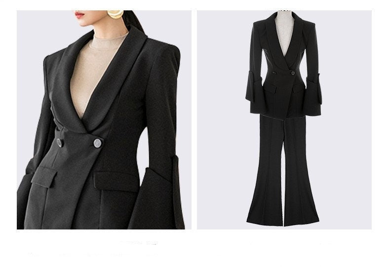 Modern women slim cut pantsuit, wide sleeves blazer boot leg pants suit set, designer stylish Formal Office Cocktail Prom Wedding