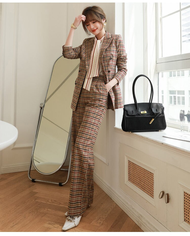 Retro checked Coffee Pantsuit. Designer women slim cut blazer + wide leg pants sprint summer smart casual formal office wedding prom