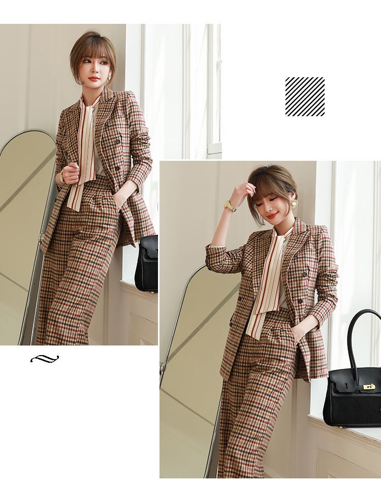 Retro checked Coffee Pantsuit. Designer women slim cut blazer + wide leg pants sprint summer smart casual formal office wedding prom