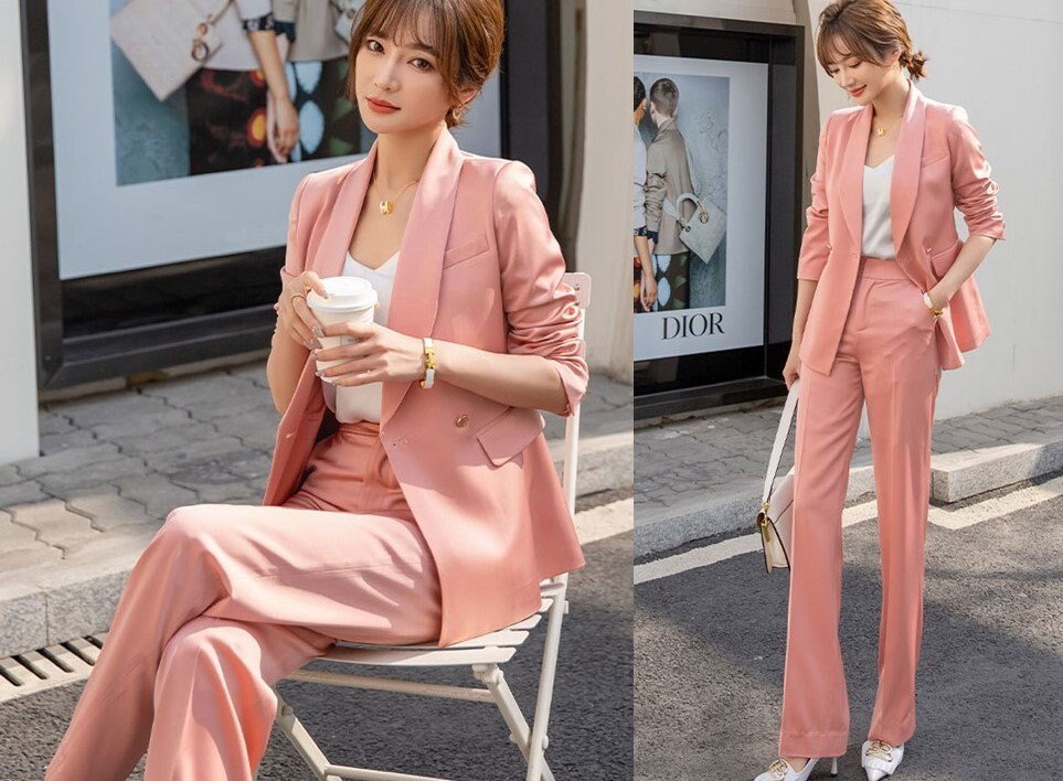 Luxury acetate women pantsuit, designer draped feel suit set blazer + pants smart casual formal office wedding prom