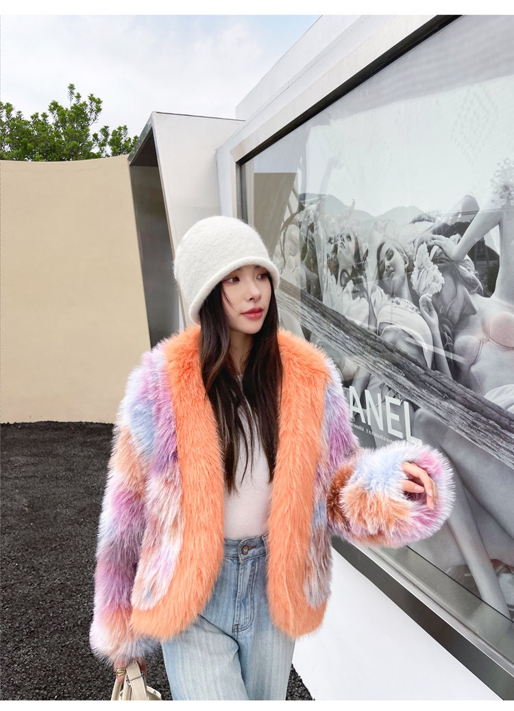 Fluffy furry faux fur jacket coat multi-color rave punk goth cozy plur top party clubwear unique designer winter jacket