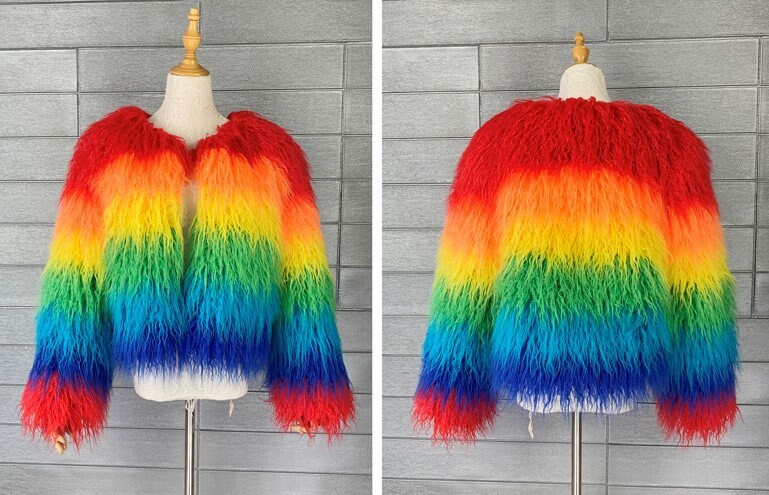 Furry faux fur rainbow jacket coat gradient color rave punk goth cozy plur top party clubwear unique designer outdoors kpop style