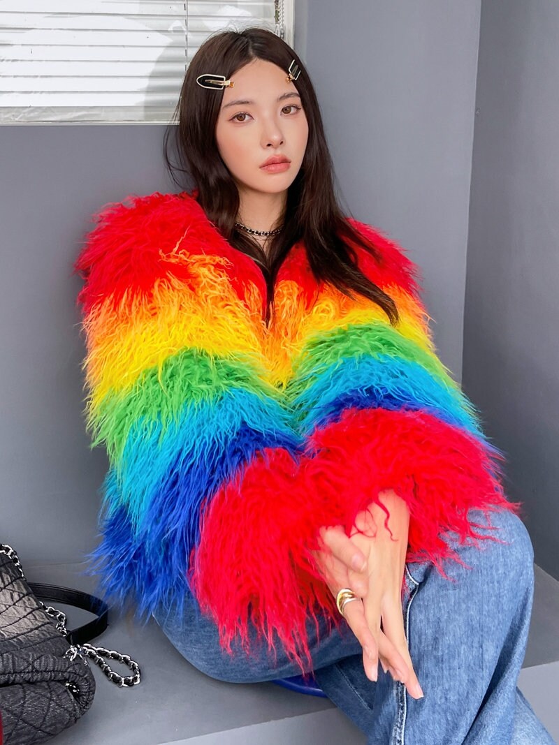 Furry faux fur rainbow jacket coat gradient color rave punk goth cozy plur top party clubwear unique designer outdoors kpop style