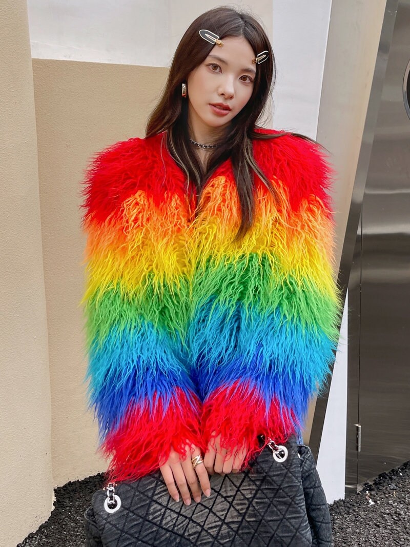 Furry faux fur rainbow jacket coat gradient color rave punk goth cozy plur top party clubwear unique designer outdoors kpop style