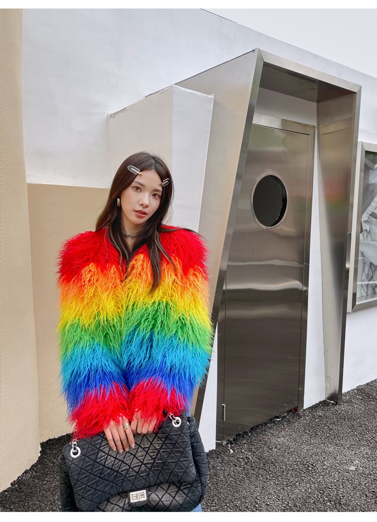 Furry faux fur rainbow jacket coat gradient color rave punk goth cozy plur top party clubwear unique designer outdoors kpop style