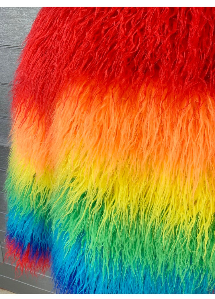 Furry faux fur rainbow jacket coat gradient color rave punk goth cozy plur top party clubwear unique designer outdoors kpop style