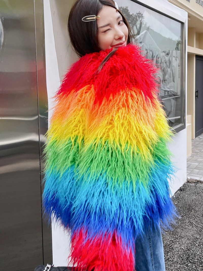 Furry faux fur rainbow jacket coat gradient color rave punk goth cozy plur top party clubwear unique designer outdoors kpop style