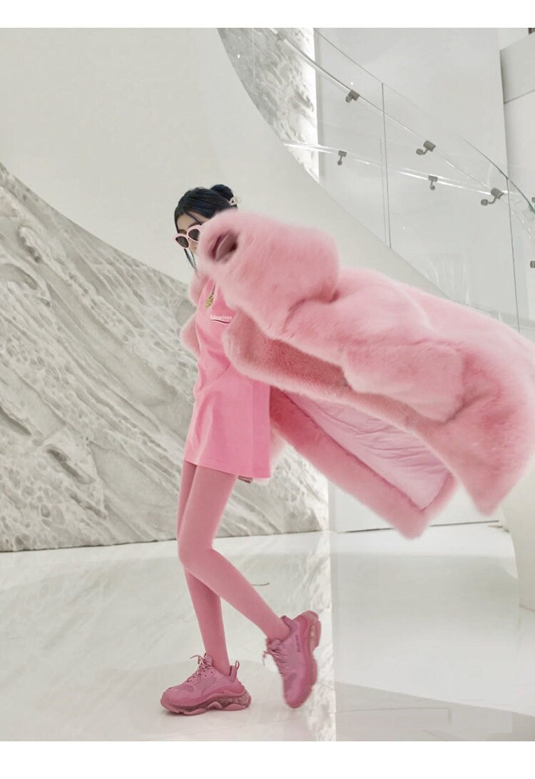 Furry faux fur pink coat with big collar color, rave punk goth cozy plur top party clubwear unique designer outdoors kpop style trench coat