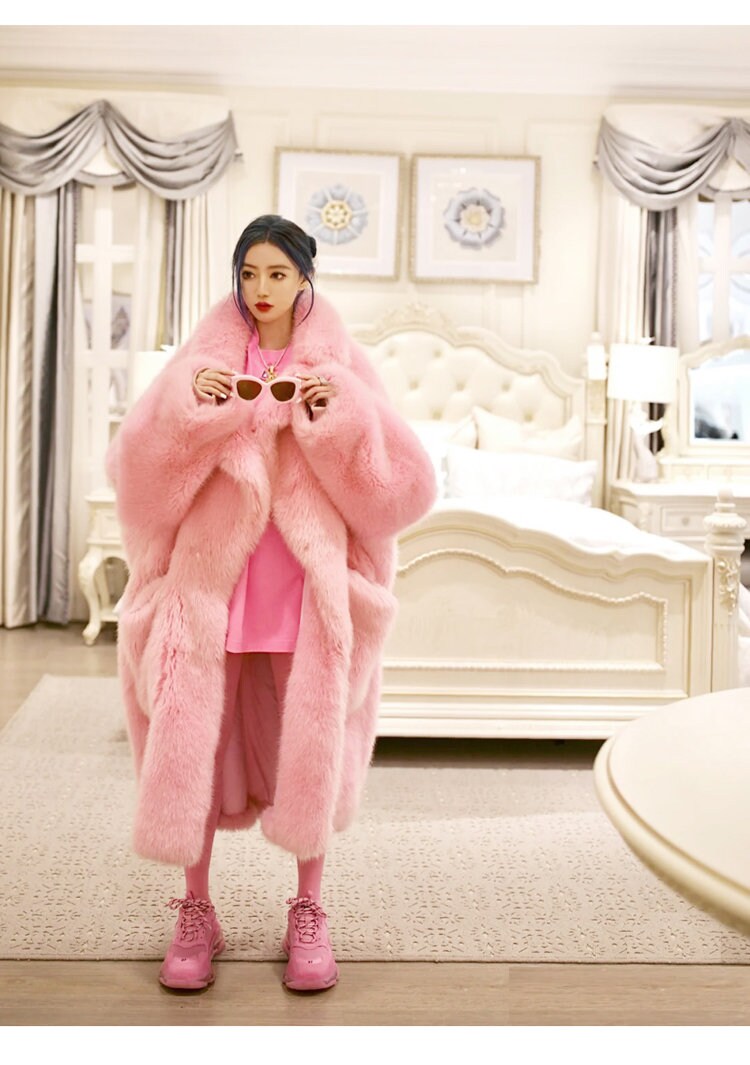 Furry faux fur pink coat with big collar color, rave punk goth cozy plur top party clubwear unique designer outdoors kpop style trench coat