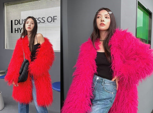 Furry faux red/ rose red jacket sold color rave punk goth cozy plur top party clubwear unique designer outdoors kpop style peacoat