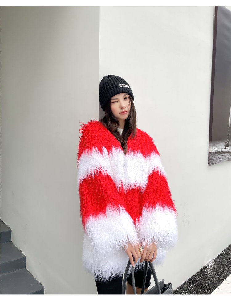 Furry faux red &white stripes color jacket rave punk goth cozy plur top party clubwear unique designer outdoors kpop style peacoat