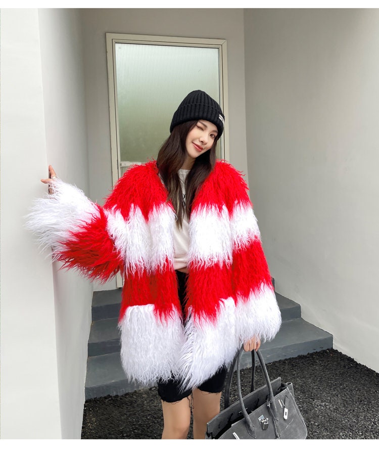 Furry faux red &white stripes color jacket rave punk goth cozy plur top party clubwear unique designer outdoors kpop style peacoat