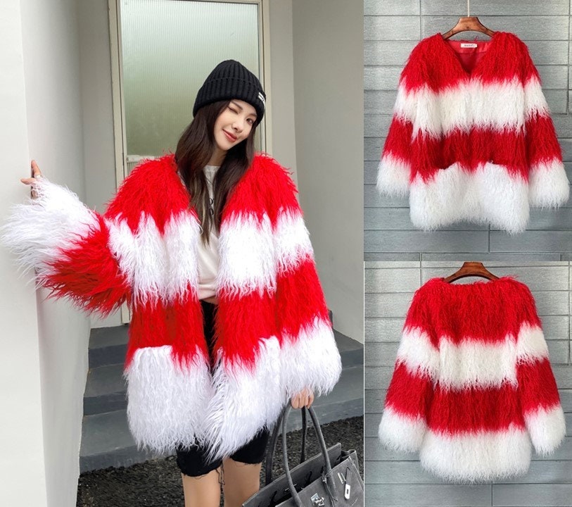 Furry faux red &white stripes color jacket rave punk goth cozy plur top party clubwear unique designer outdoors kpop style peacoat