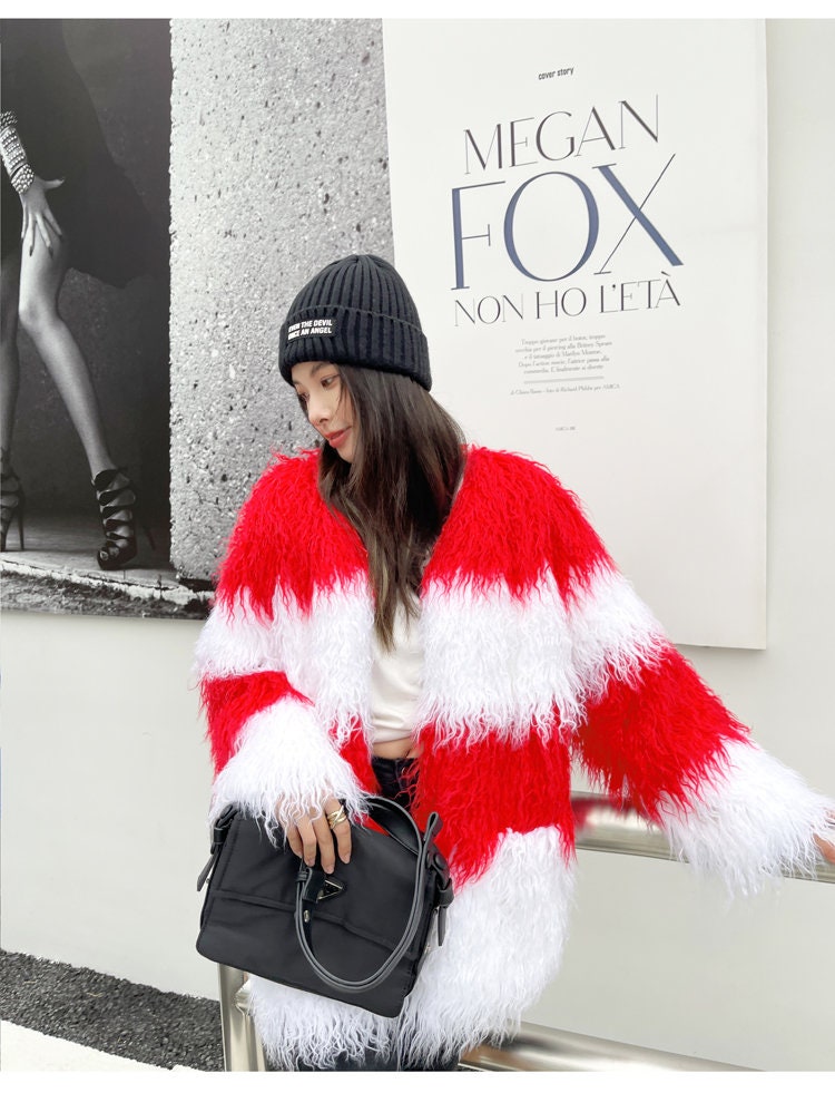 Furry faux red &white stripes color jacket rave punk goth cozy plur top party clubwear unique designer outdoors kpop style peacoat