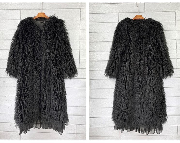 Furry faux black solid color long coat rave punk goth cozy plur top party clubwear unique designer outdoors kpop style trench coat