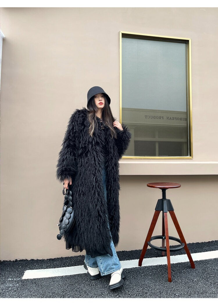 Furry faux black solid color long coat rave punk goth cozy plur top party clubwear unique designer outdoors kpop style trench coat