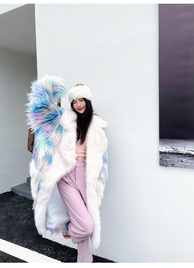 Furry faux tie dye pastel color long coat rave punk goth cozy plur top party clubwear unique designer outdoors kpop style trench coat