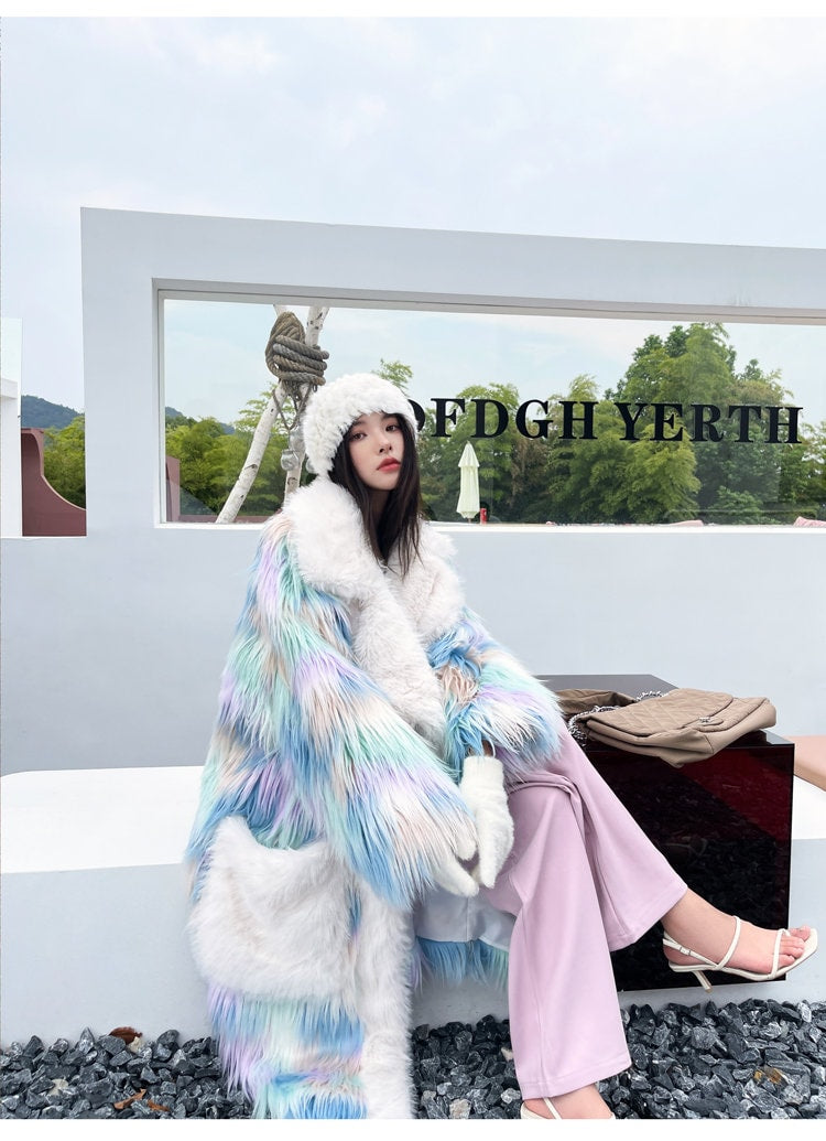 Furry faux tie dye pastel color long coat rave punk goth cozy plur top party clubwear unique designer outdoors kpop style trench coat