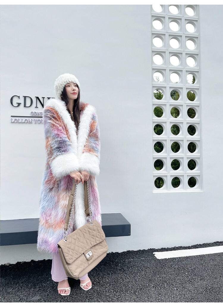 Furry faux tie dye pastel color long coat with hood rave punk goth cozy plur top party clubwear unique designer kpop style trench coat