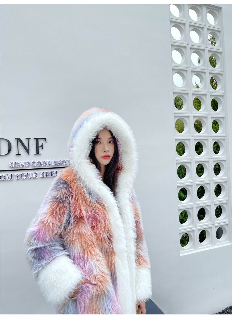 Furry faux tie dye pastel color long coat with hood rave punk goth cozy plur top party clubwear unique designer kpop style trench coat