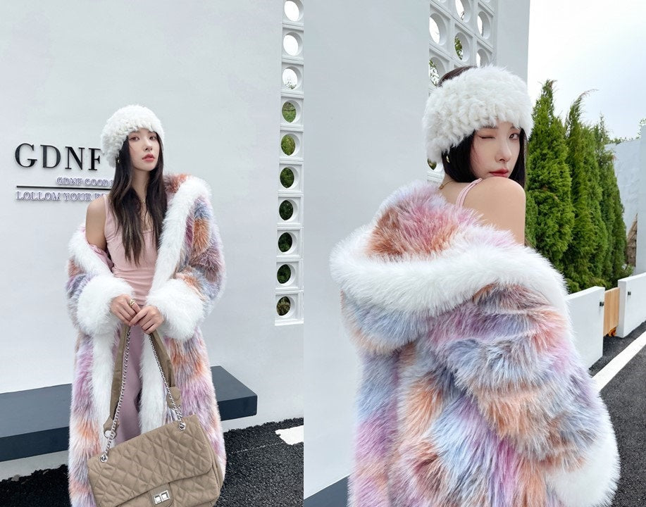 Furry faux tie dye pastel color long coat with hood rave punk goth cozy plur top party clubwear unique designer kpop style trench coat